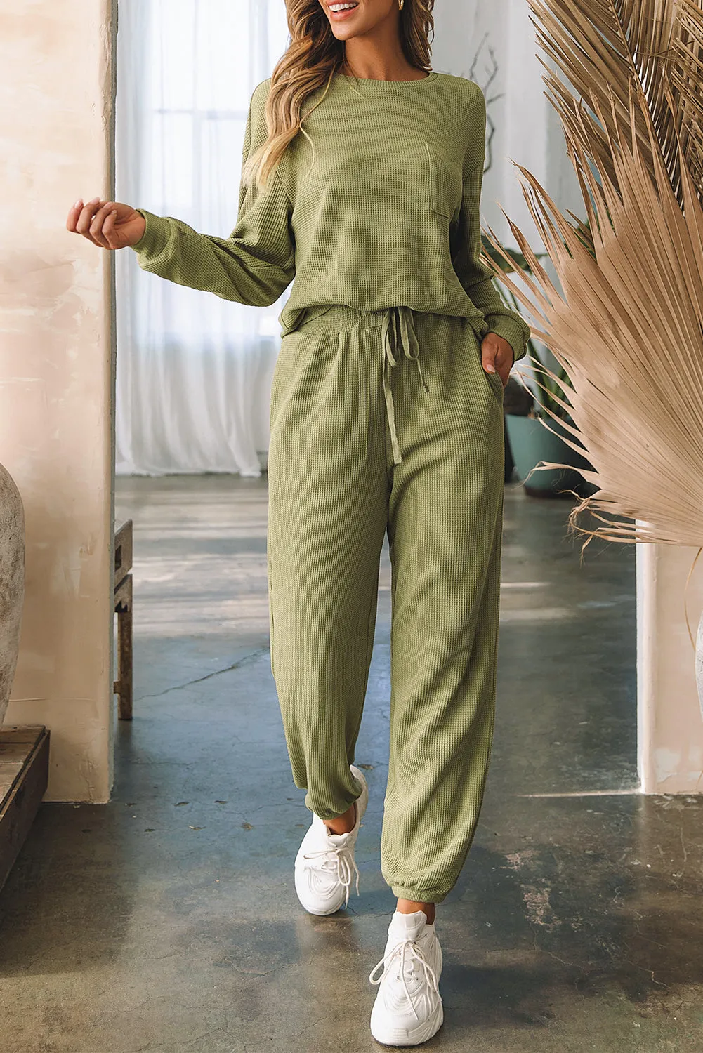 Waffle Knit Top Drawstring Joggers Set