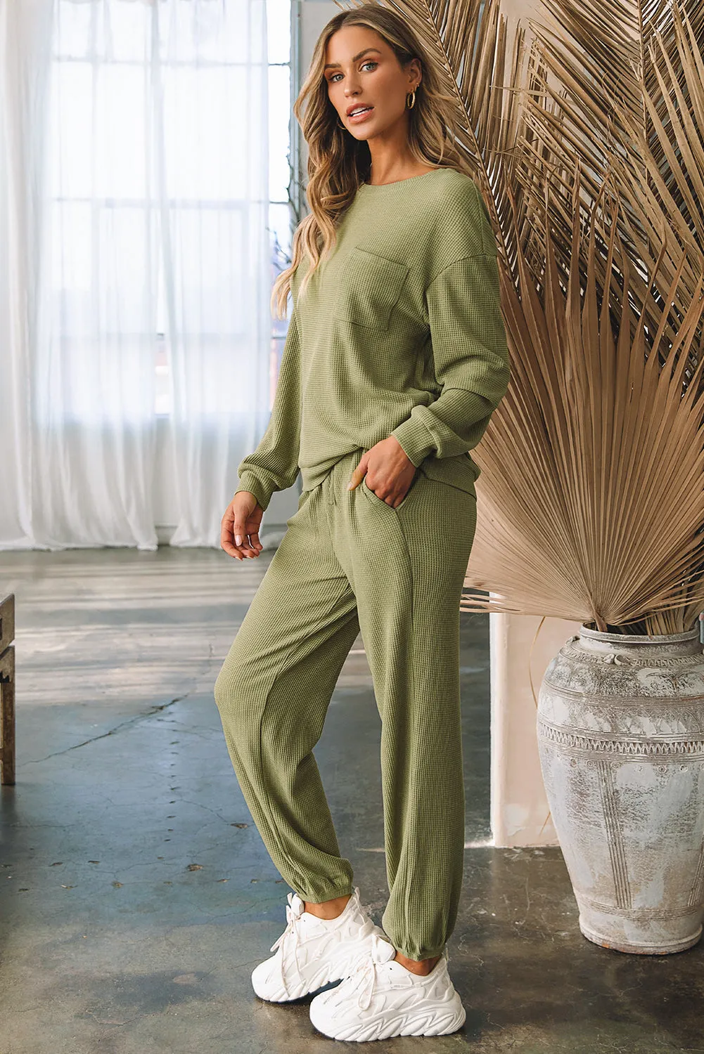 Waffle Knit Top Drawstring Joggers Set