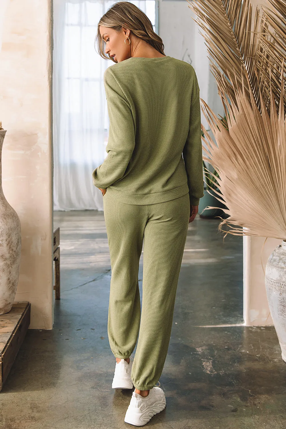 Waffle Knit Top Drawstring Joggers Set