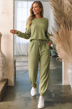 Waffle Knit Top Drawstring Joggers Set