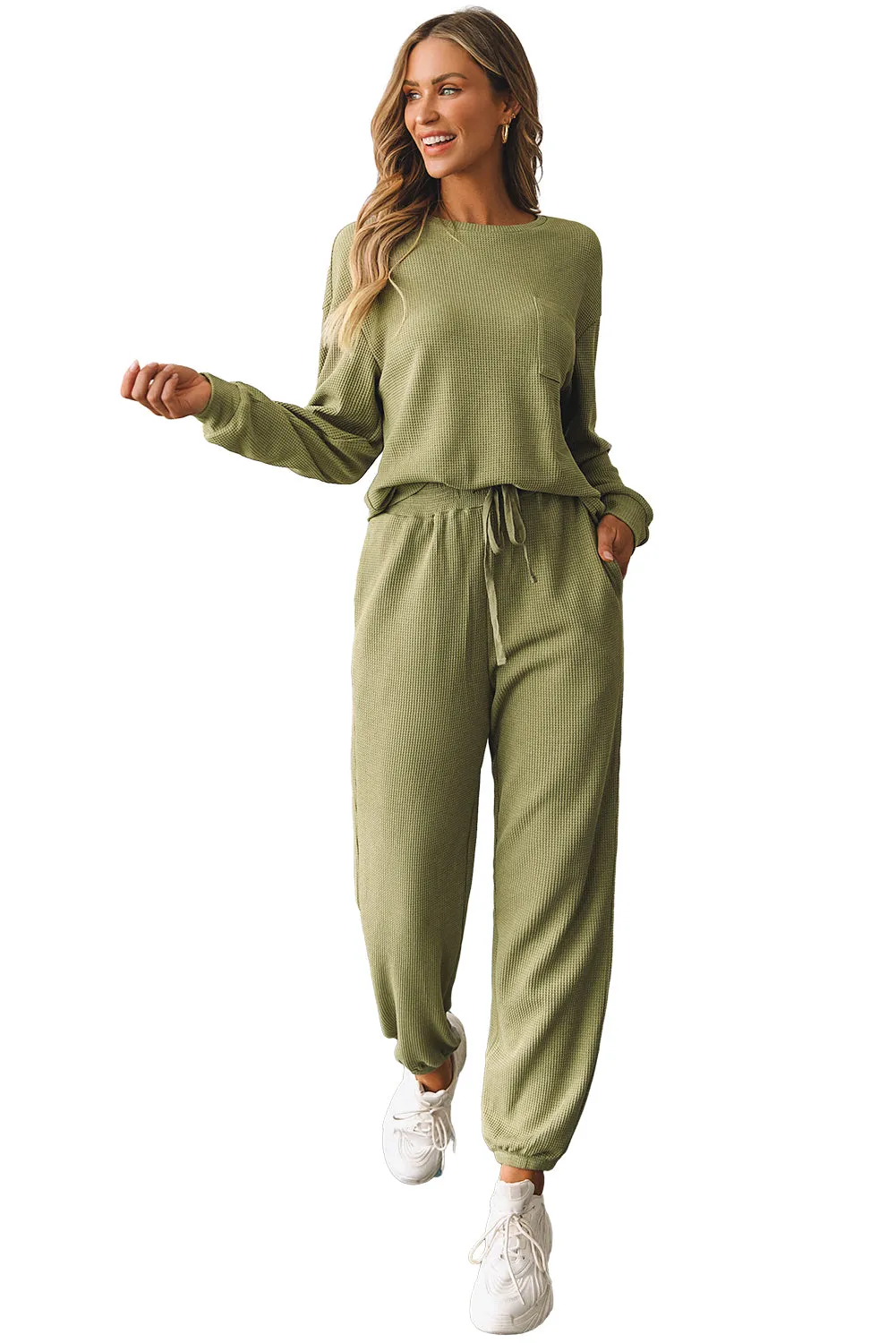Waffle Knit Top Drawstring Joggers Set