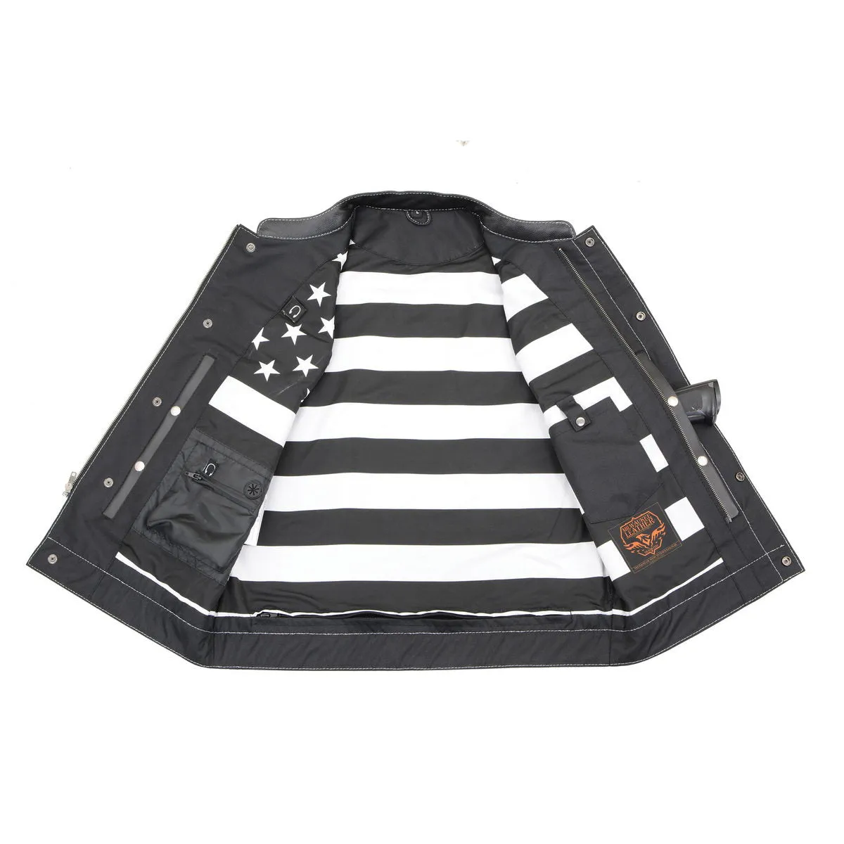 White Stitching MLM3509 Men's Black Naked Leather Vest - Old Glory Laced Armholes White Stitching Club Style Vest