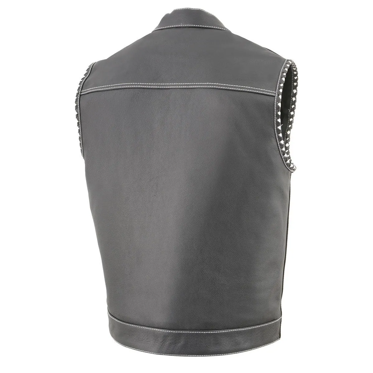 White Stitching MLM3509 Men's Black Naked Leather Vest - Old Glory Laced Armholes White Stitching Club Style Vest