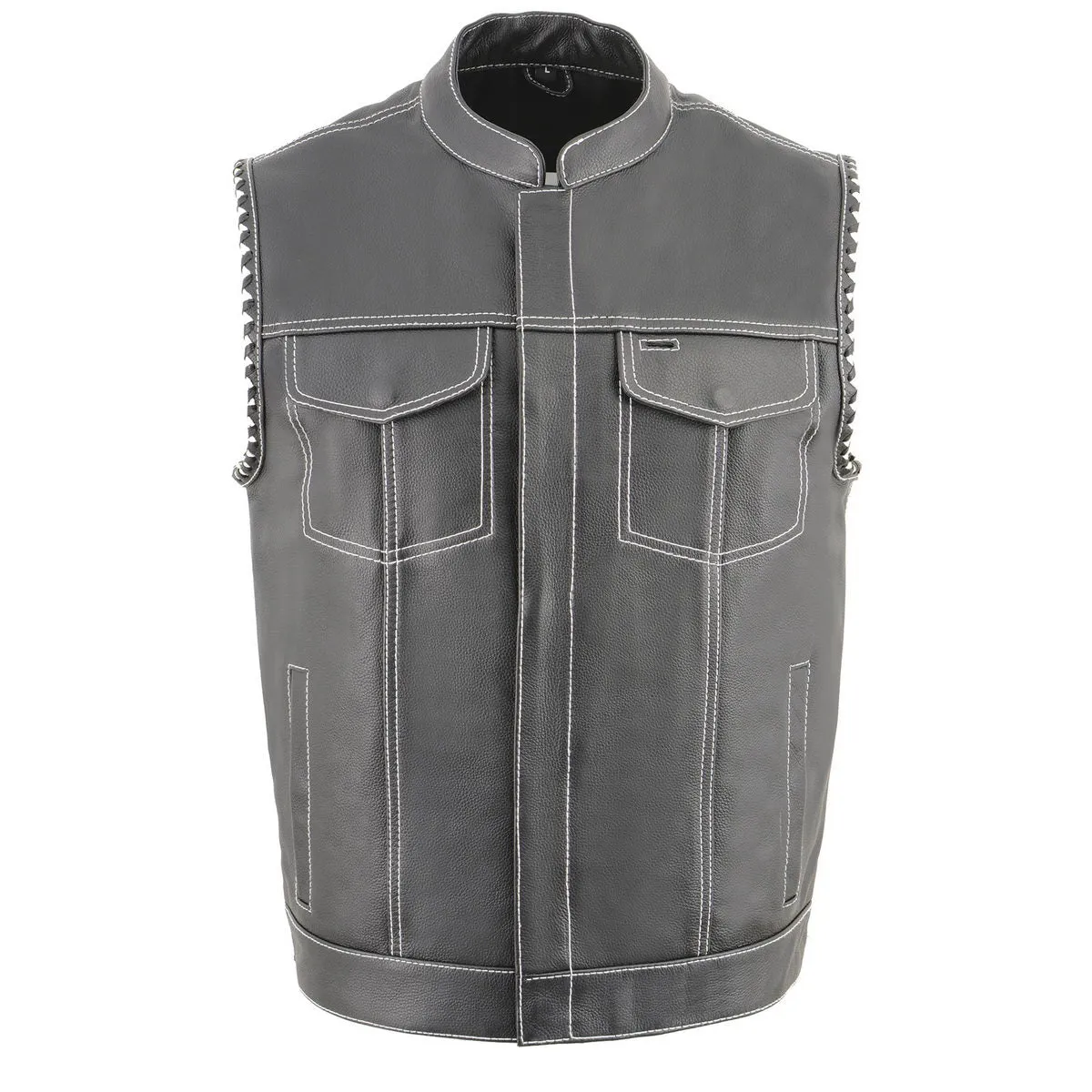 White Stitching MLM3509 Men's Black Naked Leather Vest - Old Glory Laced Armholes White Stitching Club Style Vest