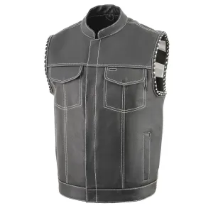 White Stitching MLM3509 Men's Black Naked Leather Vest - Old Glory Laced Armholes White Stitching Club Style Vest