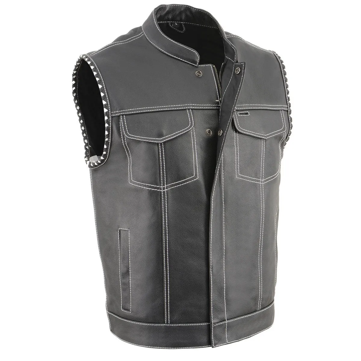 White Stitching MLM3509 Men's Black Naked Leather Vest - Old Glory Laced Armholes White Stitching Club Style Vest