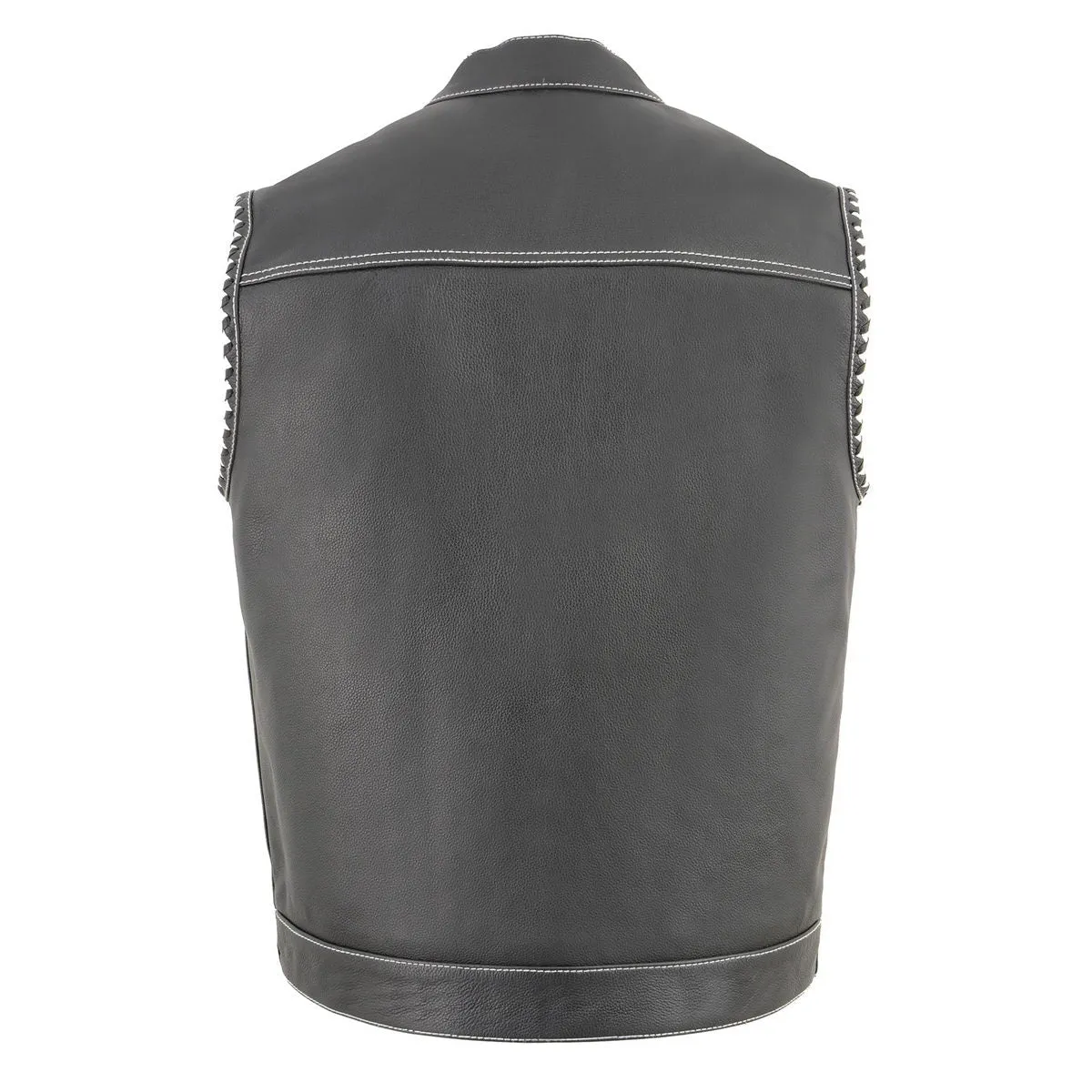 White Stitching MLM3509 Men's Black Naked Leather Vest - Old Glory Laced Armholes White Stitching Club Style Vest