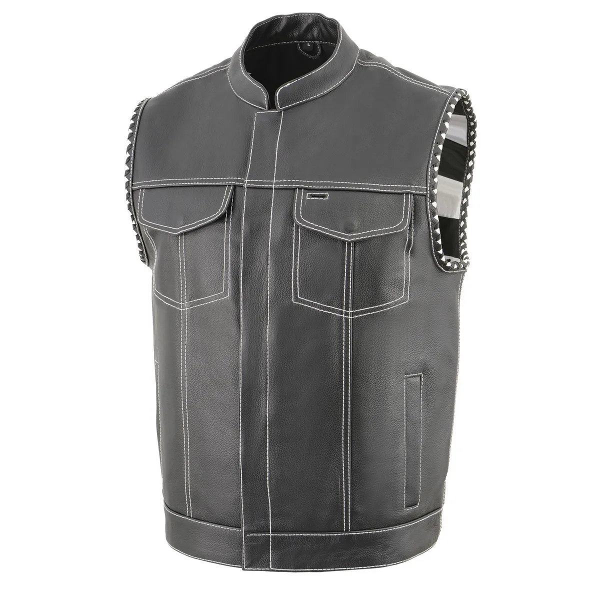 White Stitching MLM3509 Men's Black Naked Leather Vest - Old Glory Laced Armholes White Stitching Club Style Vest