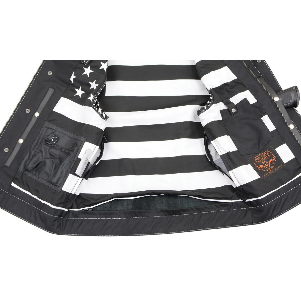 White Stitching MLM3509 Men's Black Naked Leather Vest - Old Glory Laced Armholes White Stitching Club Style Vest
