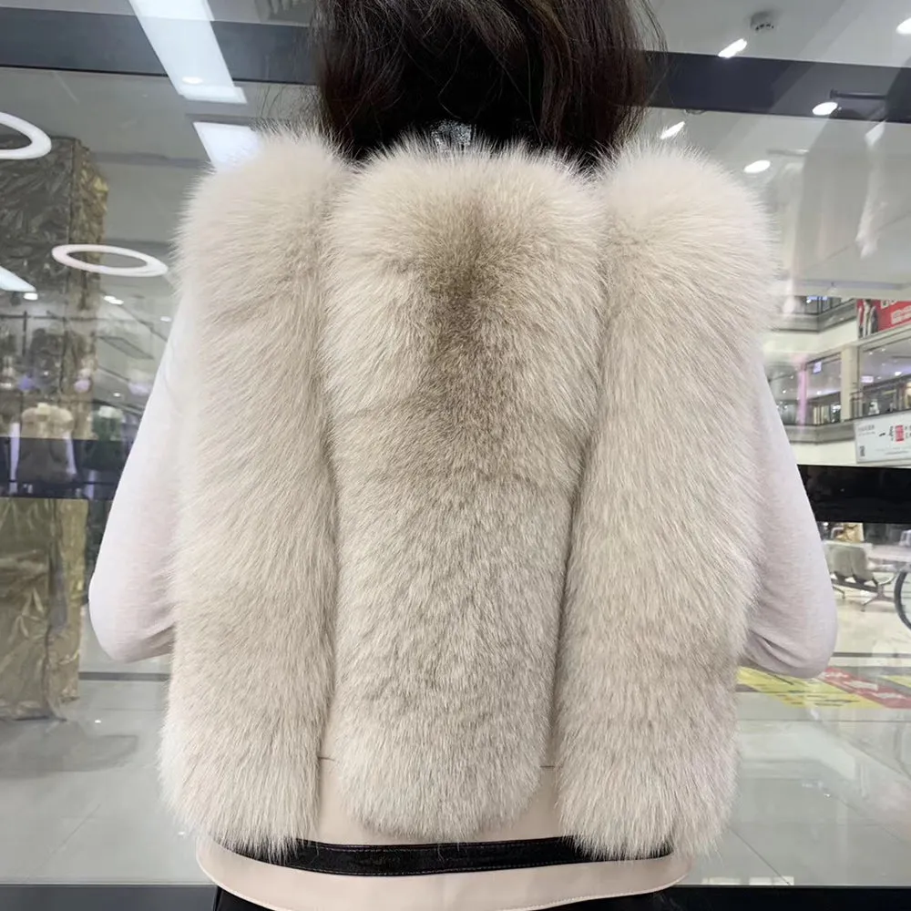 Winter Women Genuine Sheepskin Leather Fur Vests Fluffy Real Fox Fur Gilets