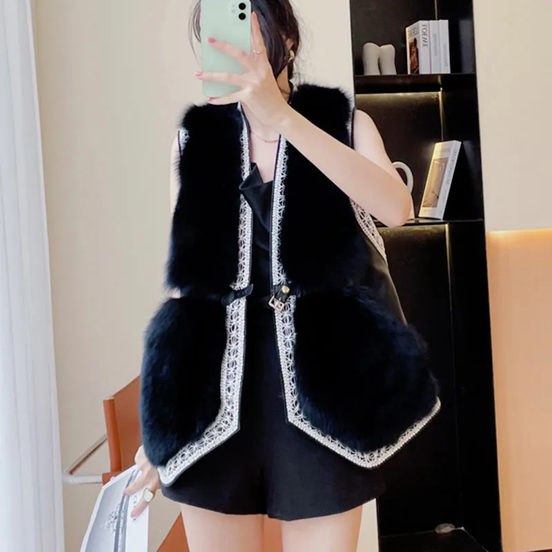 Women Black Fox Fur Vest with Sheepskin Leather