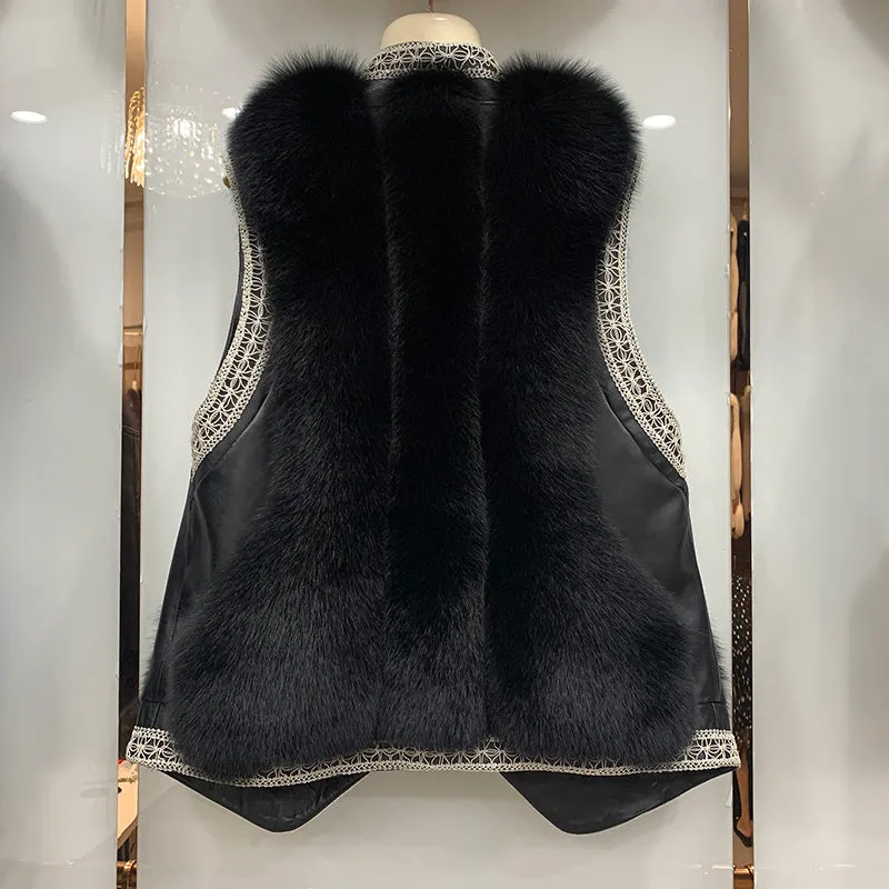 Women Black Fox Fur Vest with Sheepskin Leather