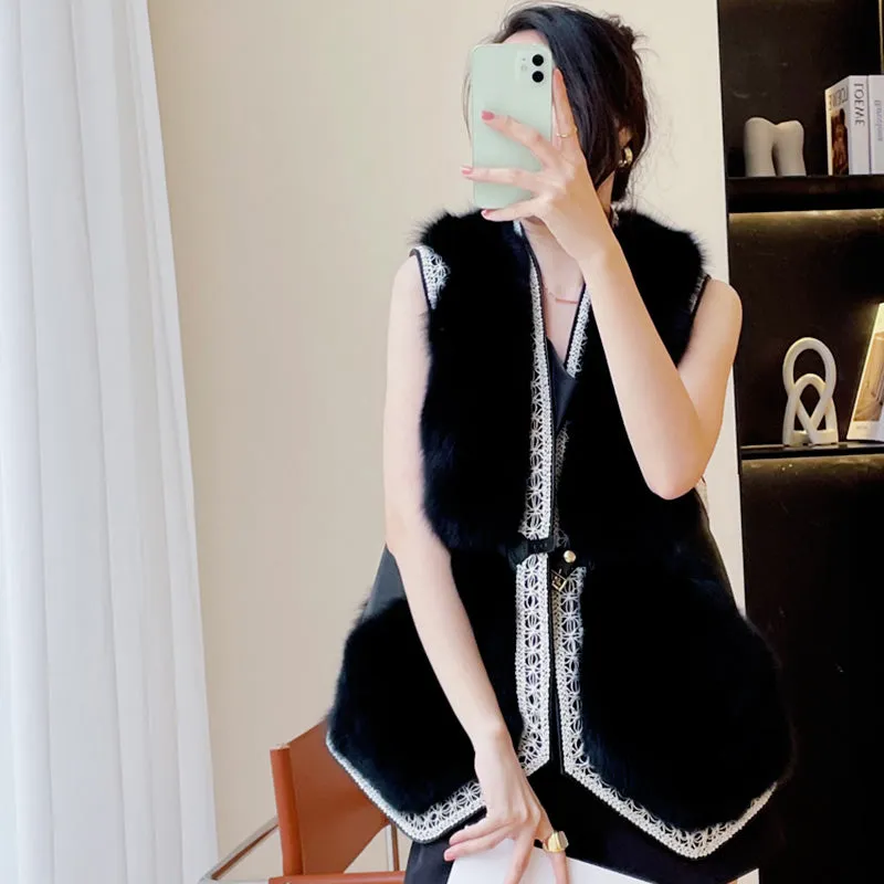 Women Black Fox Fur Vest with Sheepskin Leather