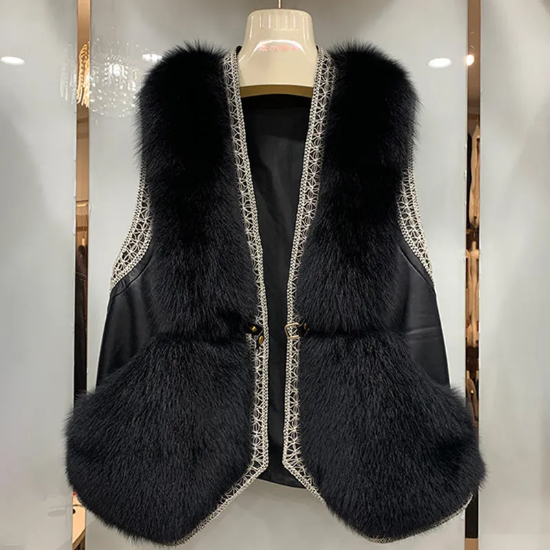 Women Black Fox Fur Vest with Sheepskin Leather