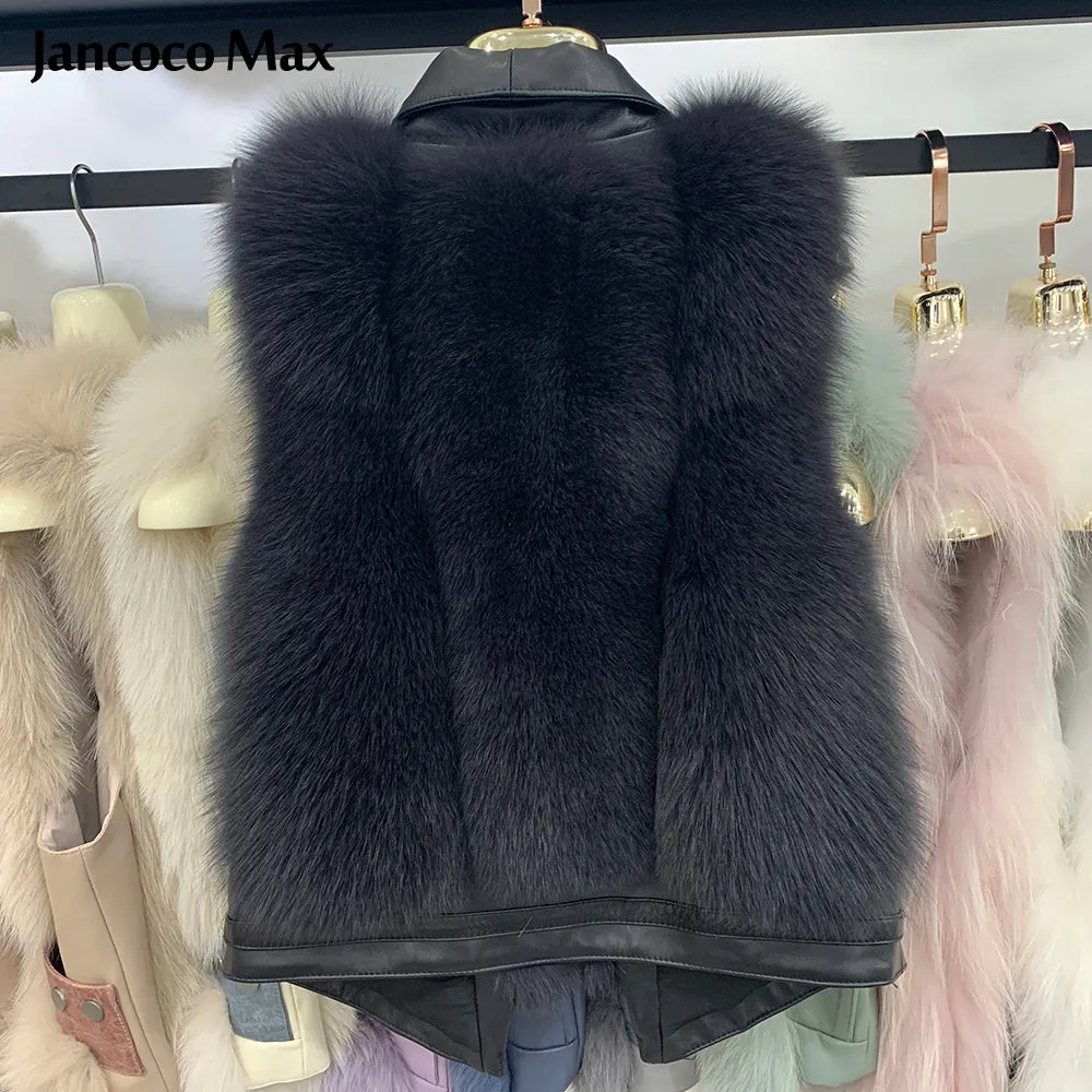 Women Winter Real Fox Fur Gilets Genuine Sheepskin Leather Fur Vests