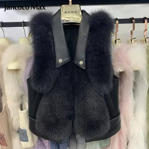 Women Winter Real Fox Fur Gilets Genuine Sheepskin Leather Fur Vests