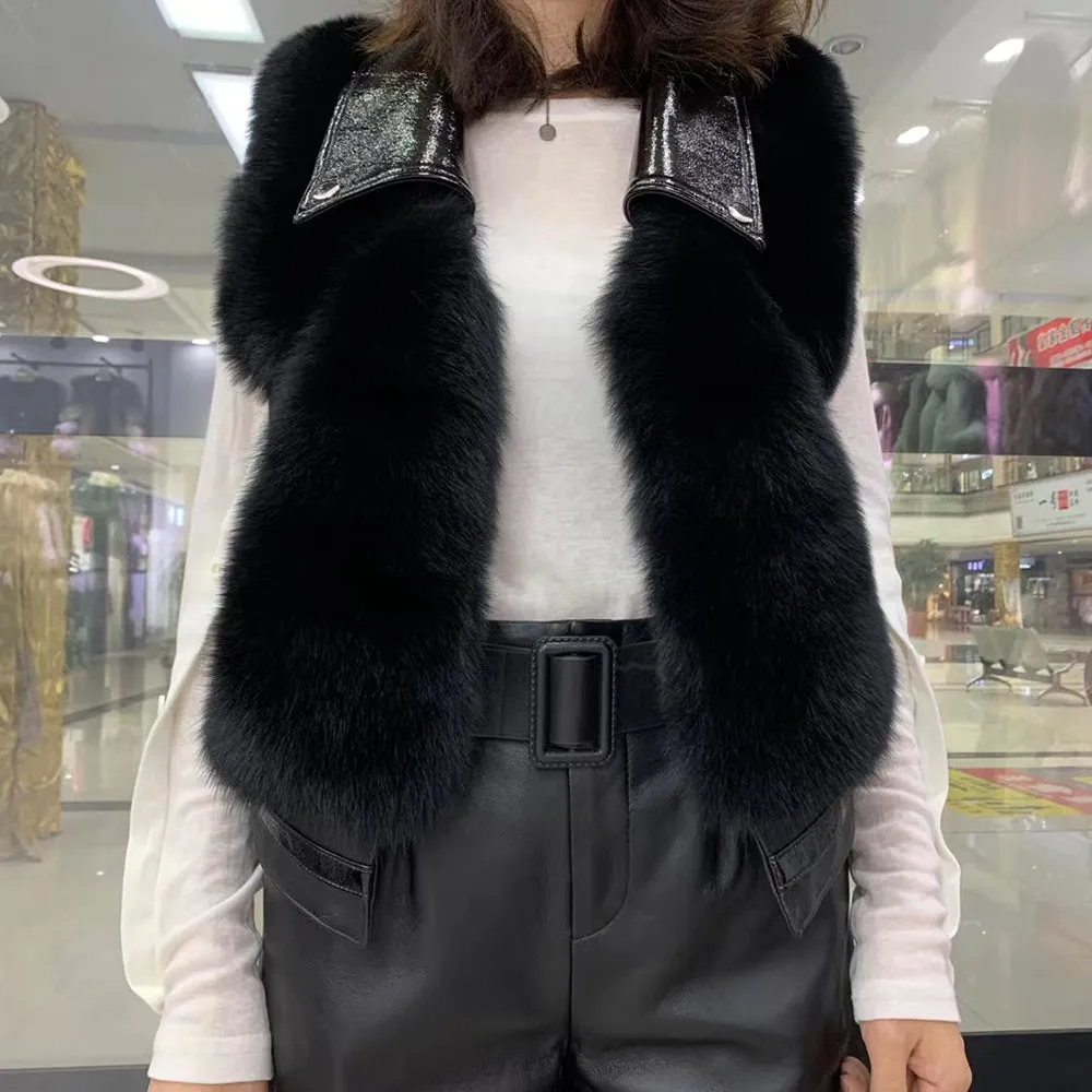 Women Winter Real Fox Fur Gilets Genuine Sheepskin Leather Fur Vests