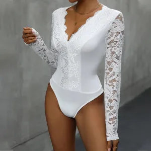 Women's Bodysuits Long Sleeve Bodysuits Rib-Knit Lace Casual Streetwear Solid Color Lace