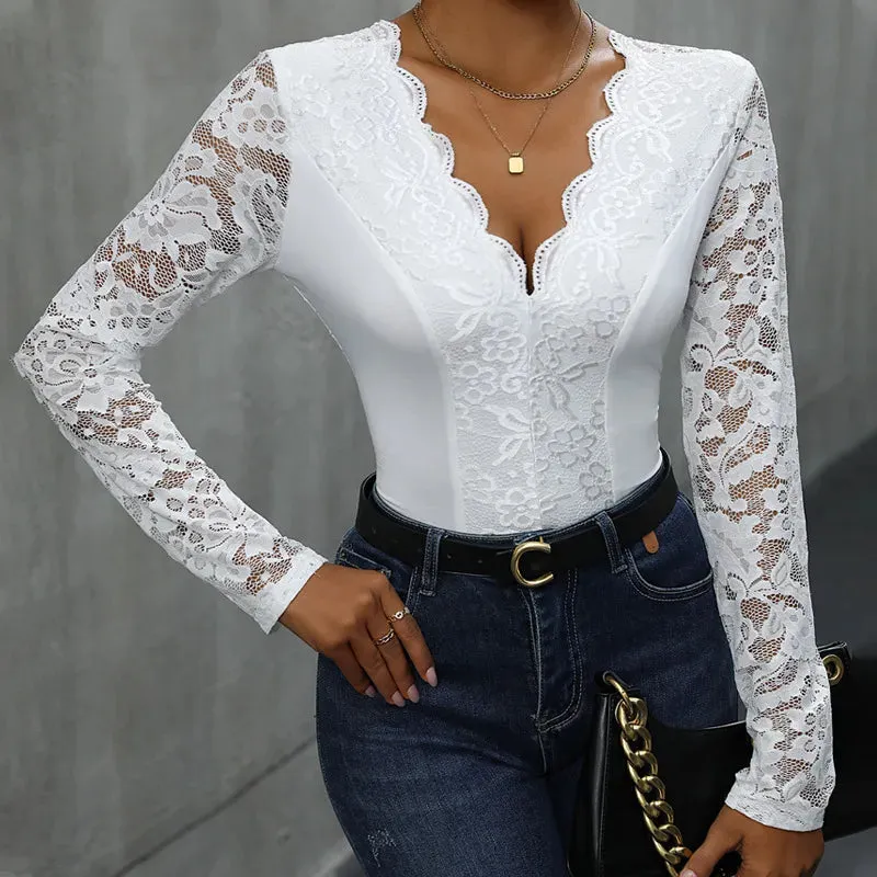Women's Bodysuits Long Sleeve Bodysuits Rib-Knit Lace Casual Streetwear Solid Color Lace