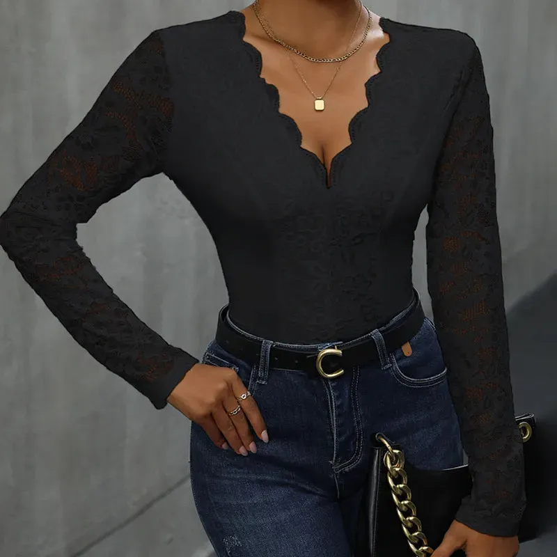 Women's Bodysuits Long Sleeve Bodysuits Rib-Knit Lace Casual Streetwear Solid Color Lace