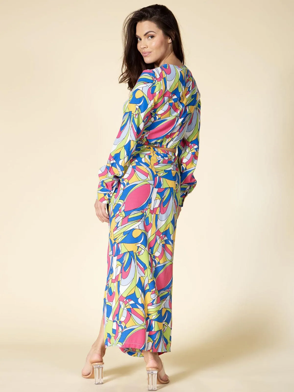 WOMEN'S LONG SLEEVE CROP TOP & MIDI SKIRT PRINTED 2PC. SET