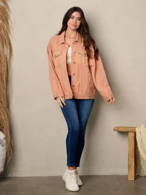 WOMEN'S LONG SLEEVE STUDS DETAILED TRIM DISTRESSED DENIM JACKET