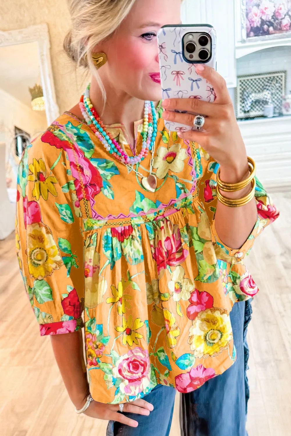 Yellow Rose Flower Embroidered Trim Half Sleeve Blouse