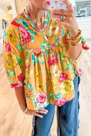 Yellow Rose Flower Embroidered Trim Half Sleeve Blouse