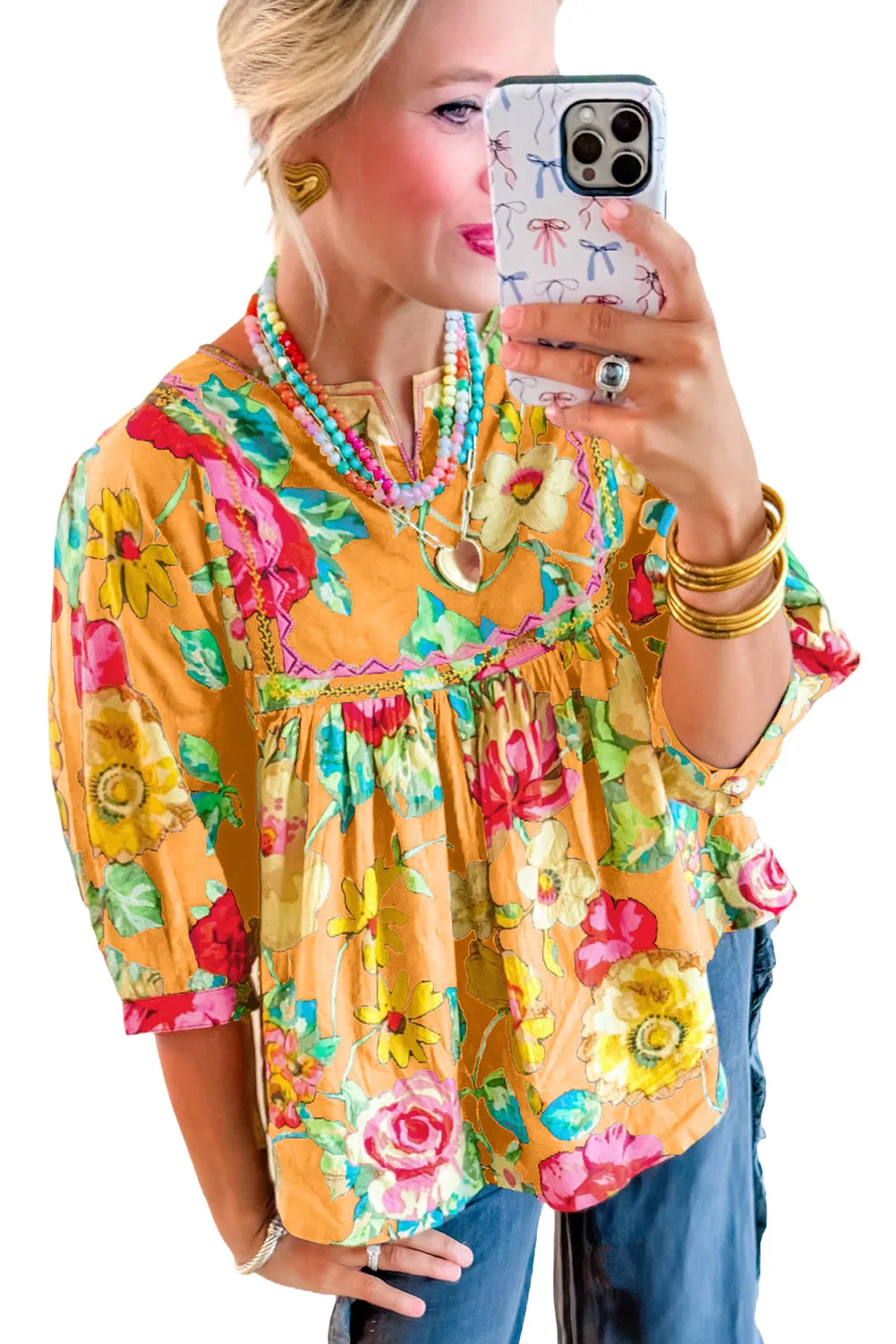 Yellow Rose Flower Embroidered Trim Half Sleeve Blouse