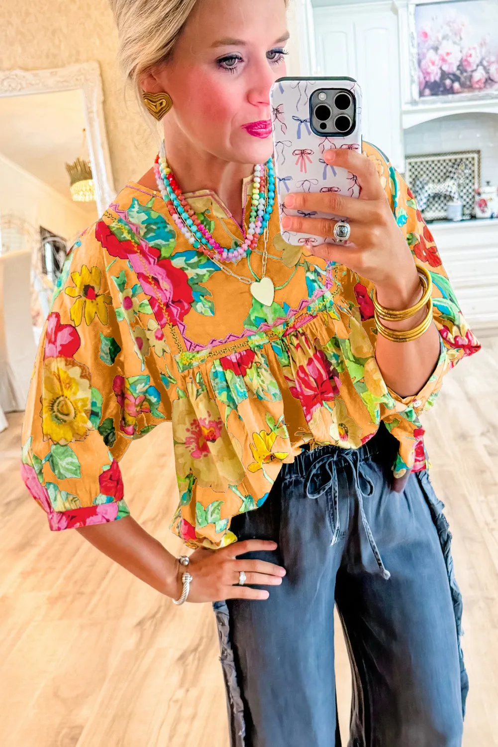 Yellow Rose Flower Embroidered Trim Half Sleeve Blouse