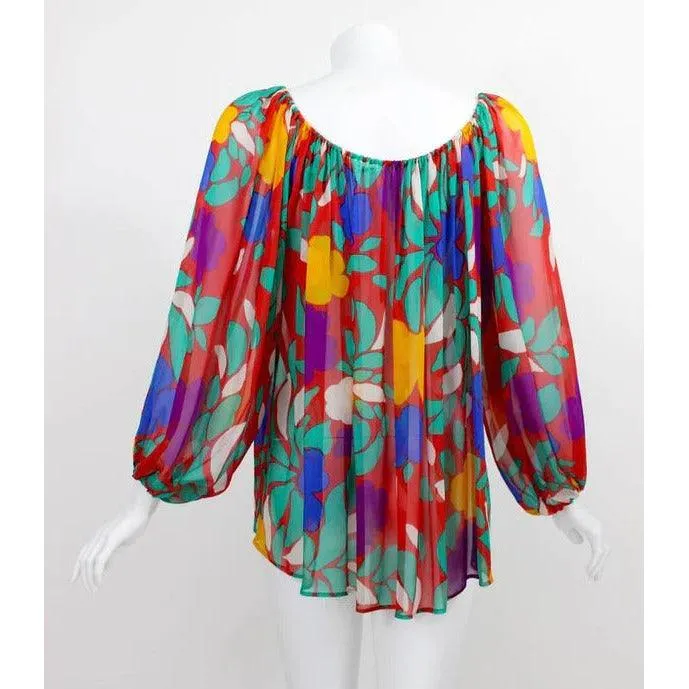 YVES SAINT LAURENT 1979 Silk Chiffon Colorful Floral Print Blouse Documented YSL | Size S/M