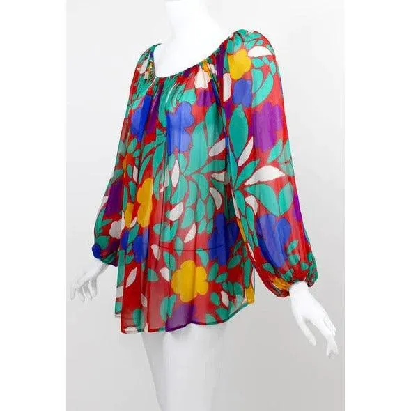 YVES SAINT LAURENT 1979 Silk Chiffon Colorful Floral Print Blouse Documented YSL | Size S/M