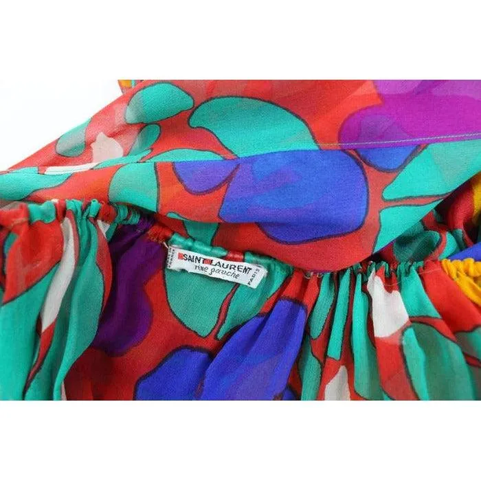 YVES SAINT LAURENT 1979 Silk Chiffon Colorful Floral Print Blouse Documented YSL | Size S/M